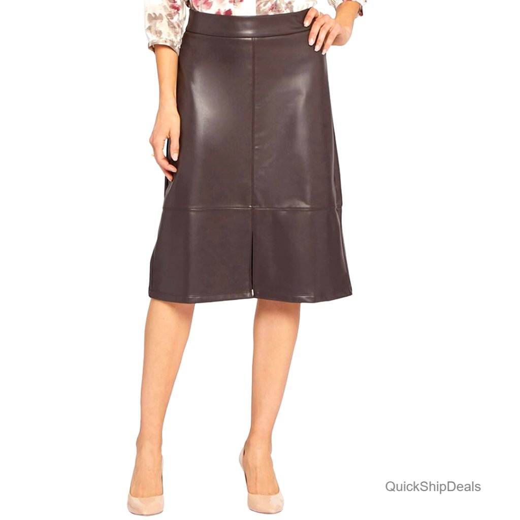 Faux Leather A-Line Skirt, Knee-Length, Zipper Back, Mid Rise
